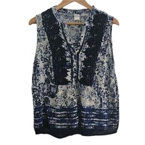Bila Blue White Boho Tank Women’s Sz L Rayon Top Open Lace Detail Festival